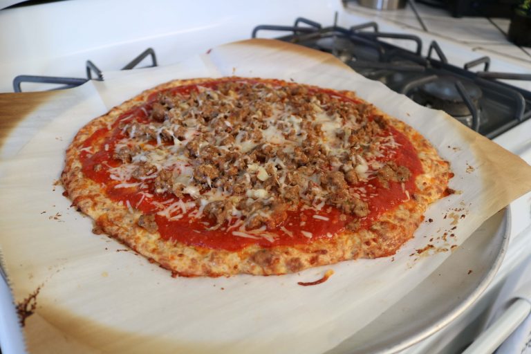 Keto Friendly Low Carb Sausage And Garlic Pizza